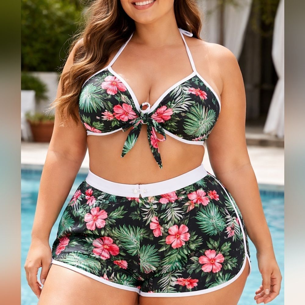 Floral Tie-Front Bikini Top & High-Waist Swim Shorts - Black with Pink Floral